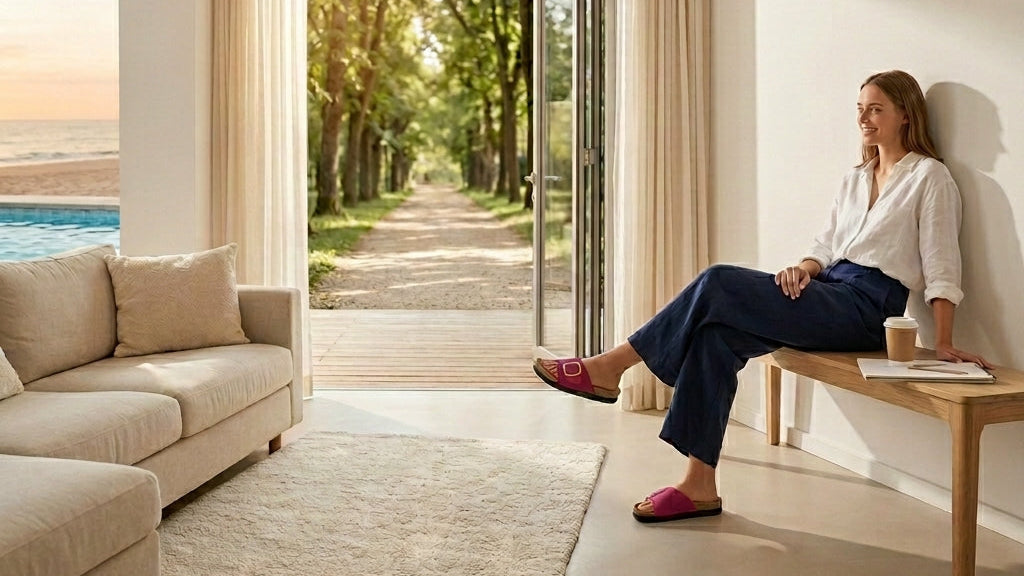Mulher em casa junto à natureza usando sandálias Belvida bordeaux com conforto natural